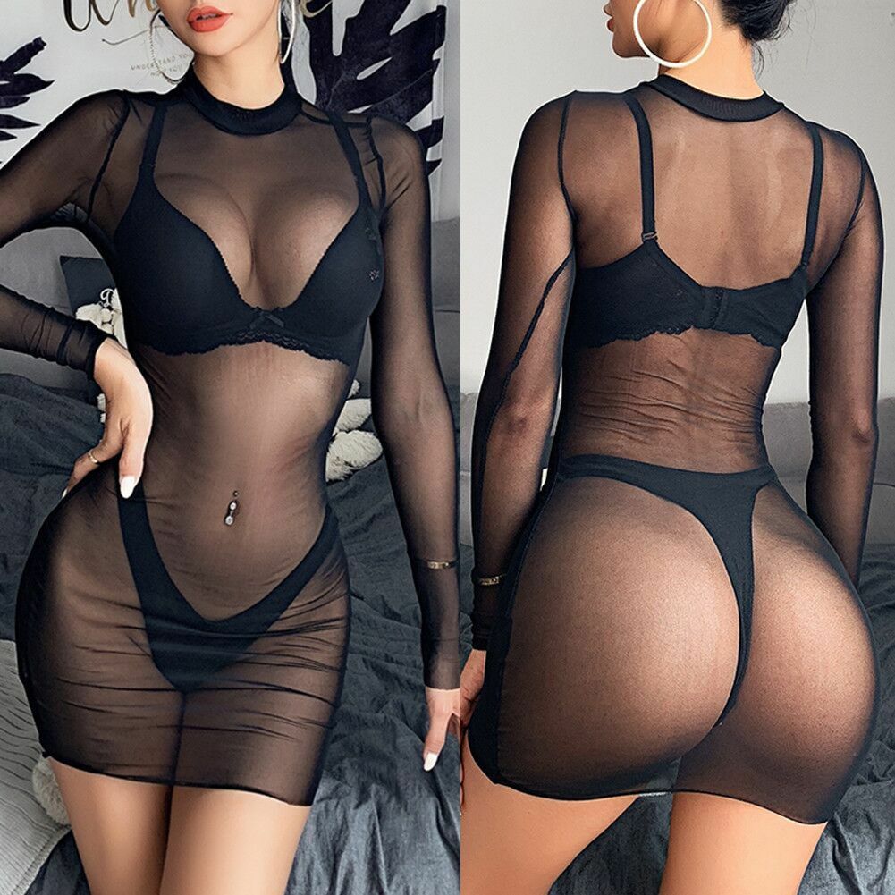 Women Sexy See Through Mesh Sheer bodysuit party dress Lingerie clubwear fishnet