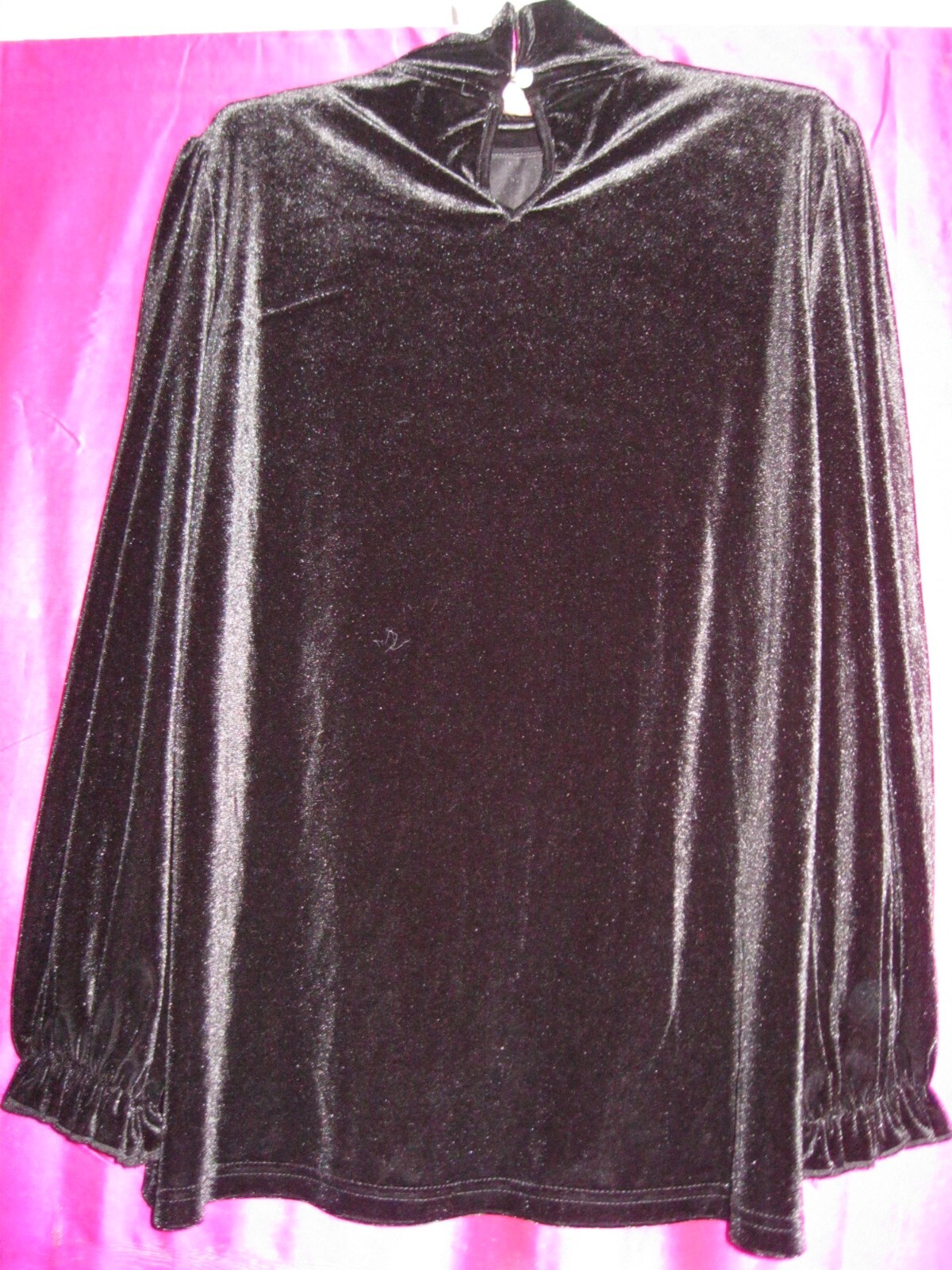SUZANNE BETRO LABEL,BLACK VLEVET TOP W/ L/S & HIGH NECK, SZ M.,POLYESTER/SPANDEX