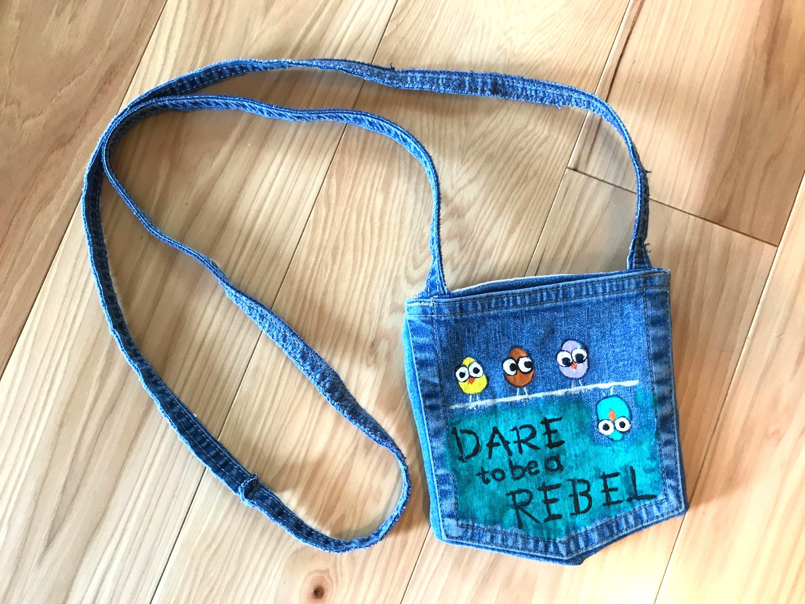 Crossbody Jean Purse, Handmade Over Shoulder Cell Phone Bag, Whimsical Birds