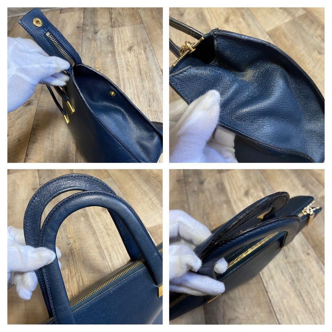 CELINE Authentic Vintage Navy Leather Tote Handbag Gold Logo Zip Top Bag
