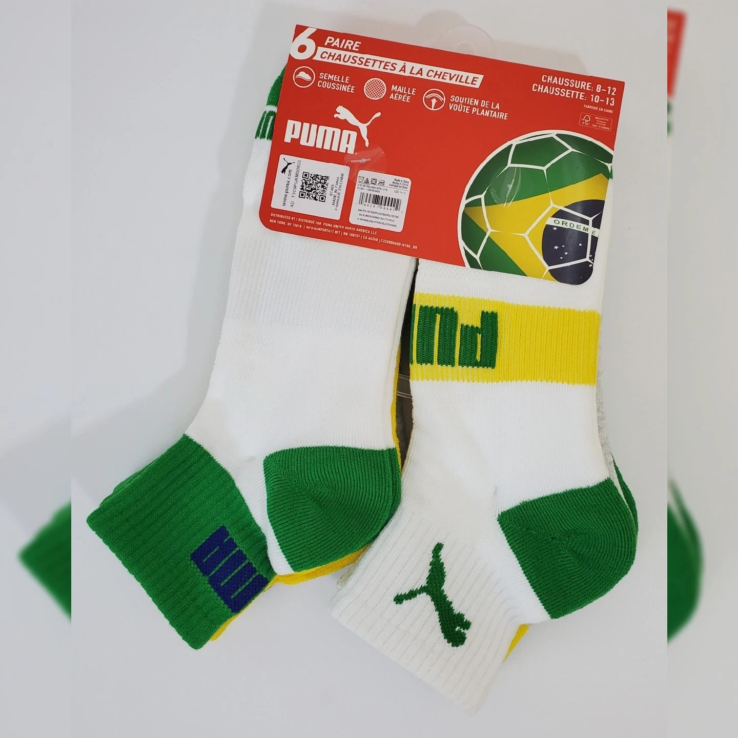 PUMA QUARTER CREW MEN’S SOCKS 6 PAIR SIZE SHOE 8-12 SOCK 10-13 BRASIL SOCCER