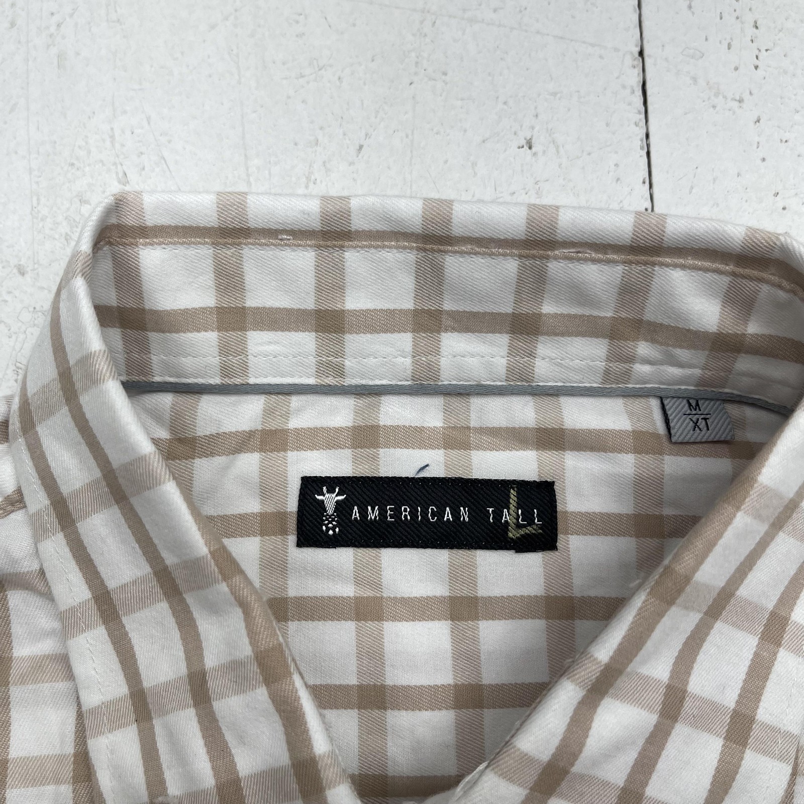 American Tall Shirt Mens Medium Tall Beige White Plaid Dress Button Down Stretch