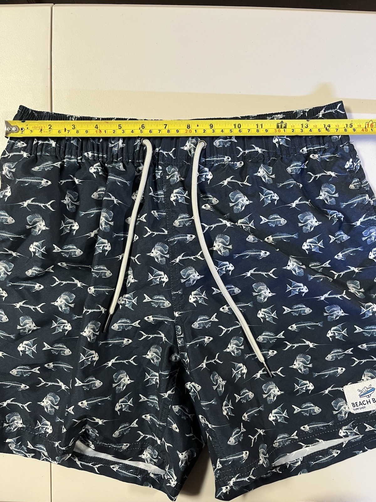 Men’s Beach Bros Swim Trunks Shorts Size M Blue/White Skeleton Fish Design