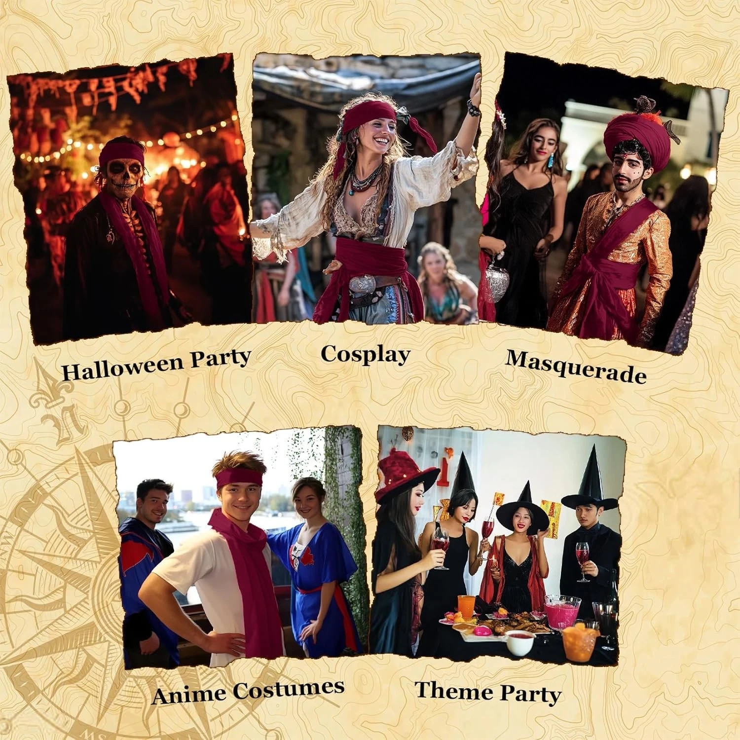 Pirate Costume Set for Adults Men Women Sash Bandana Head Scarf Belt Halloween