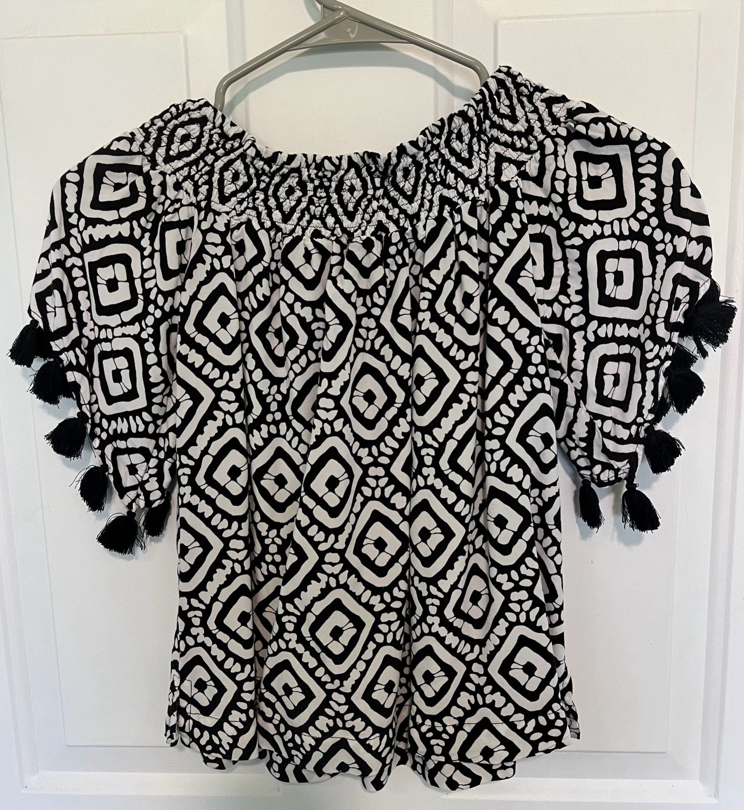 Escapada Living Smocked Geo Print Tassel Sleeve Blouse