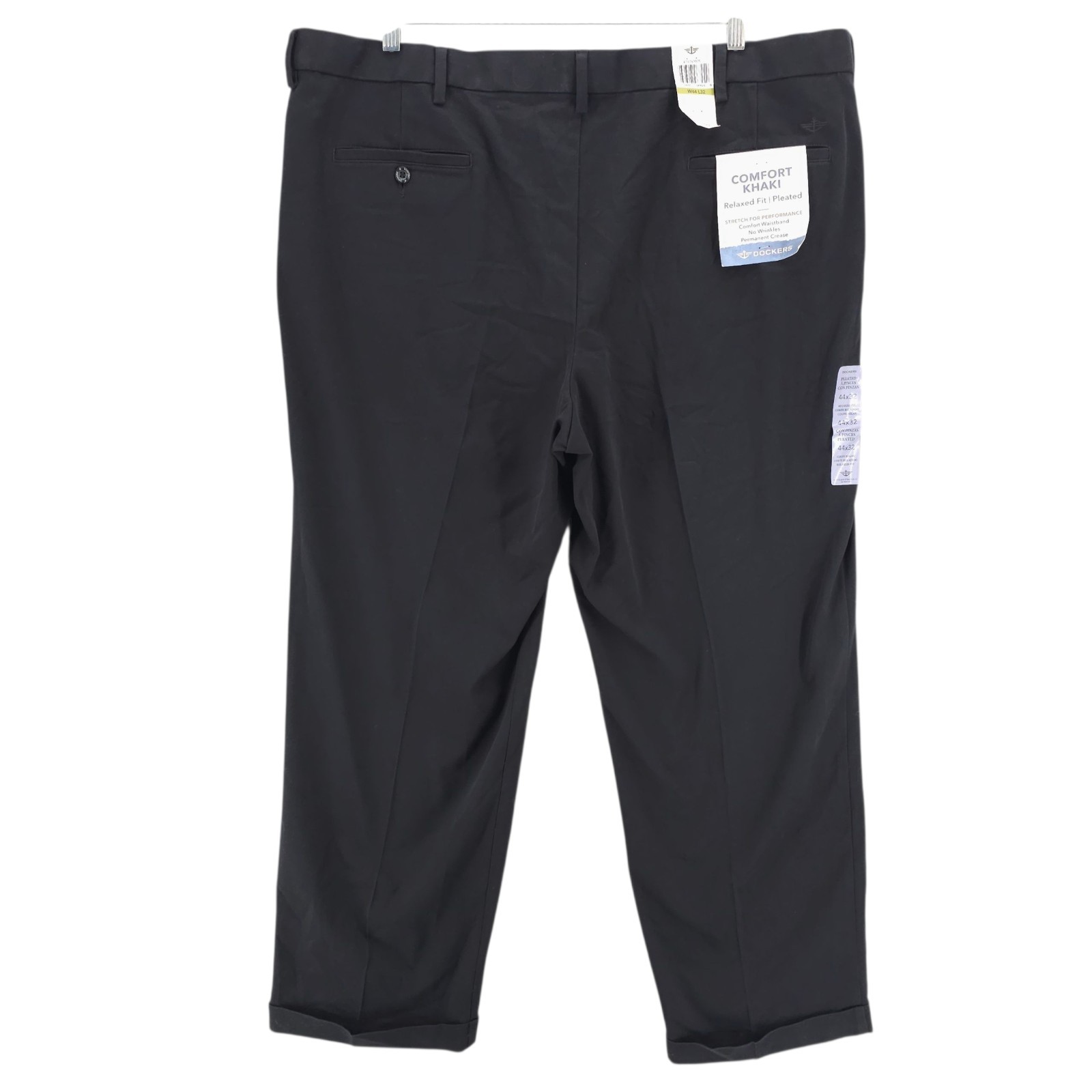 NWT DOCKERS Black Easy Khaki Relaxed Fit Pleated Comfort Waistband Cuffed 44×32