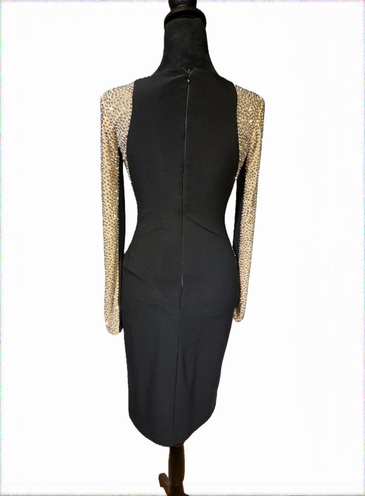 XSCAPE Black Beaded Mesh Long Sleeve Sheath Dress High Neck Zip Knee Size 2