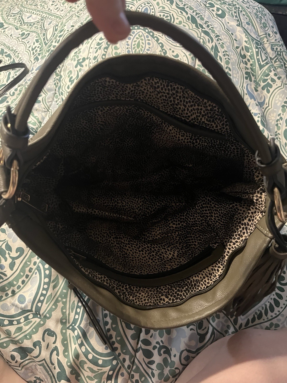 Women’s olive Large Hobo Shoulder Bag, Zip Tassel, Leopard Lined Pouch, Pockets