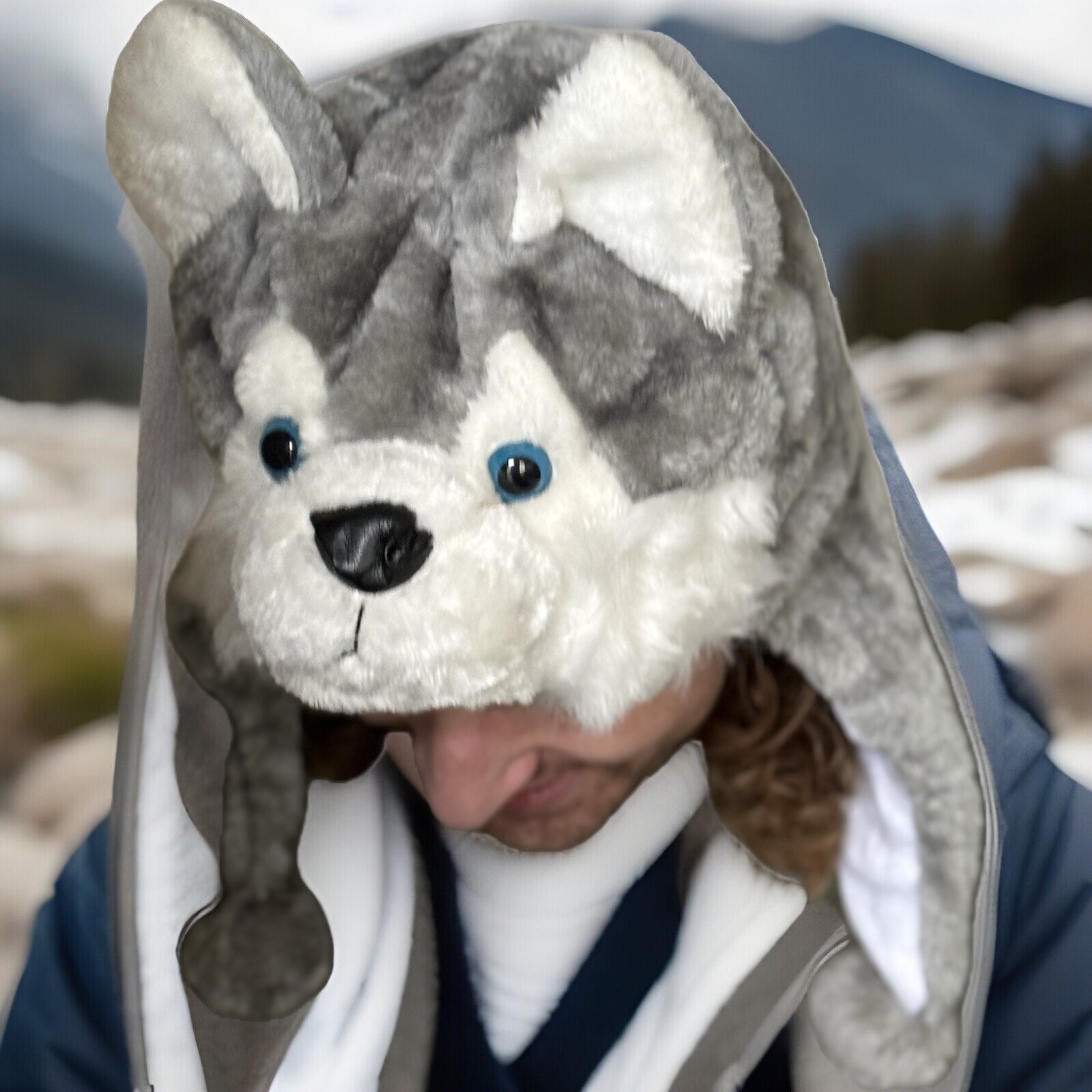Fluffy Plush Wolf Husky Hood Ear Flap Tie Face Costume Hat Cap Winter Warm Cute