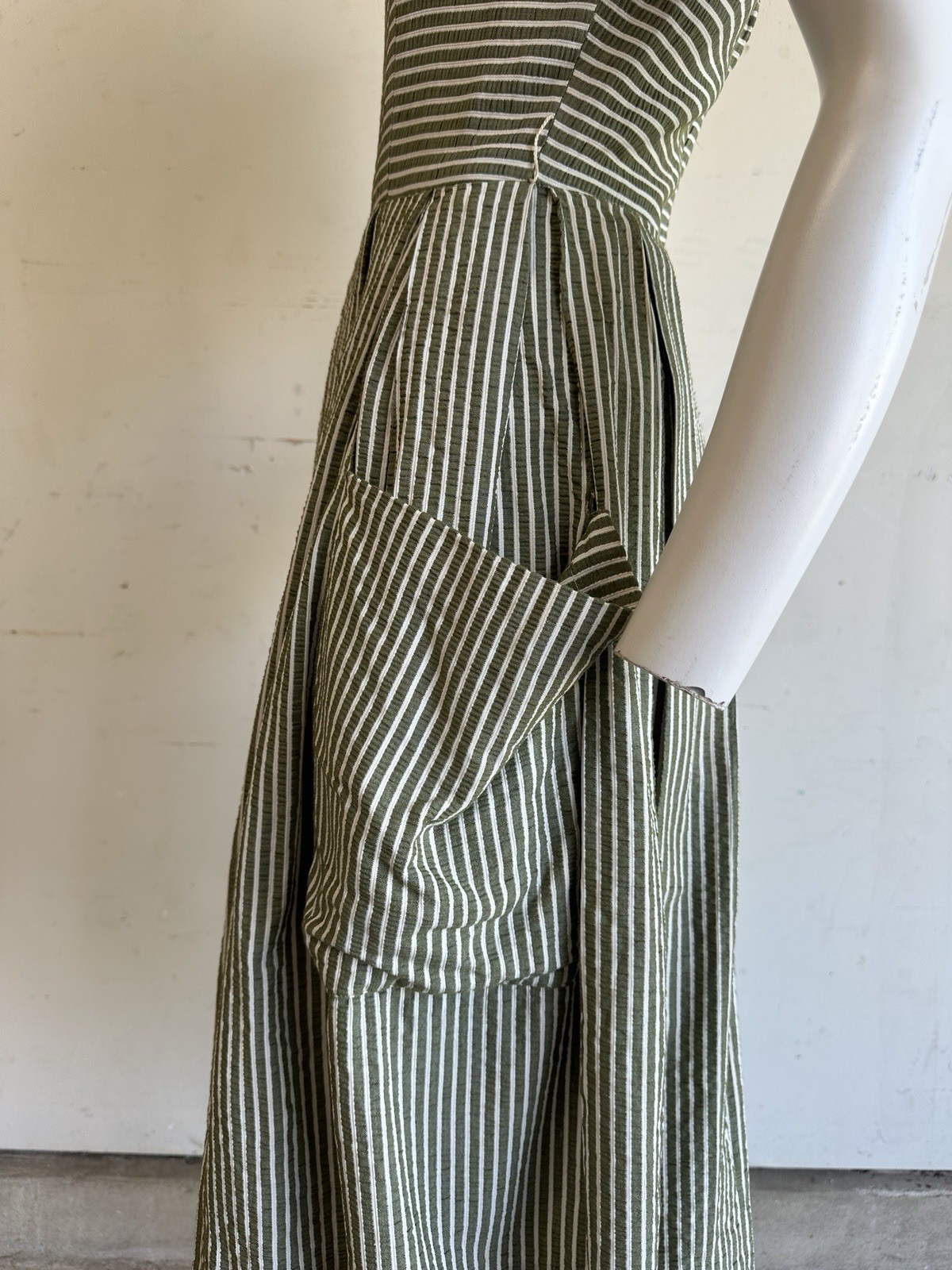 Vintage 50s 60s Olive Striped Summer Day Dress 25” Waist 1950s