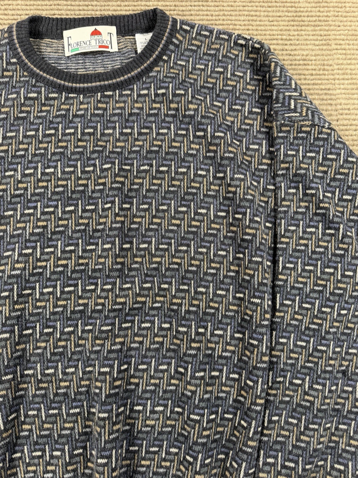 Vintage Florence Tricot Mens Sz L Sweater Multicolor Geometric Grandpa 80s 90s