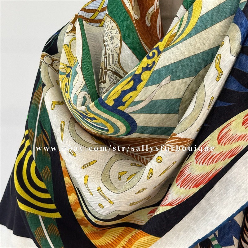 Sallys 70% Cashmere 30% Silk Wrap Scarf Feather Print Double Face Shawl 53″ Navy