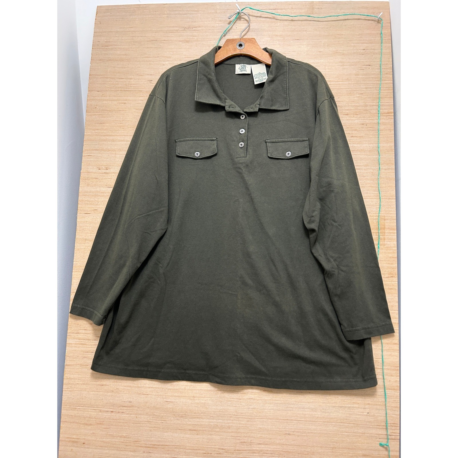 SJB Sport Mens 2X Olive Green Long Sleeve Polo Shirt Button Chest Pockets