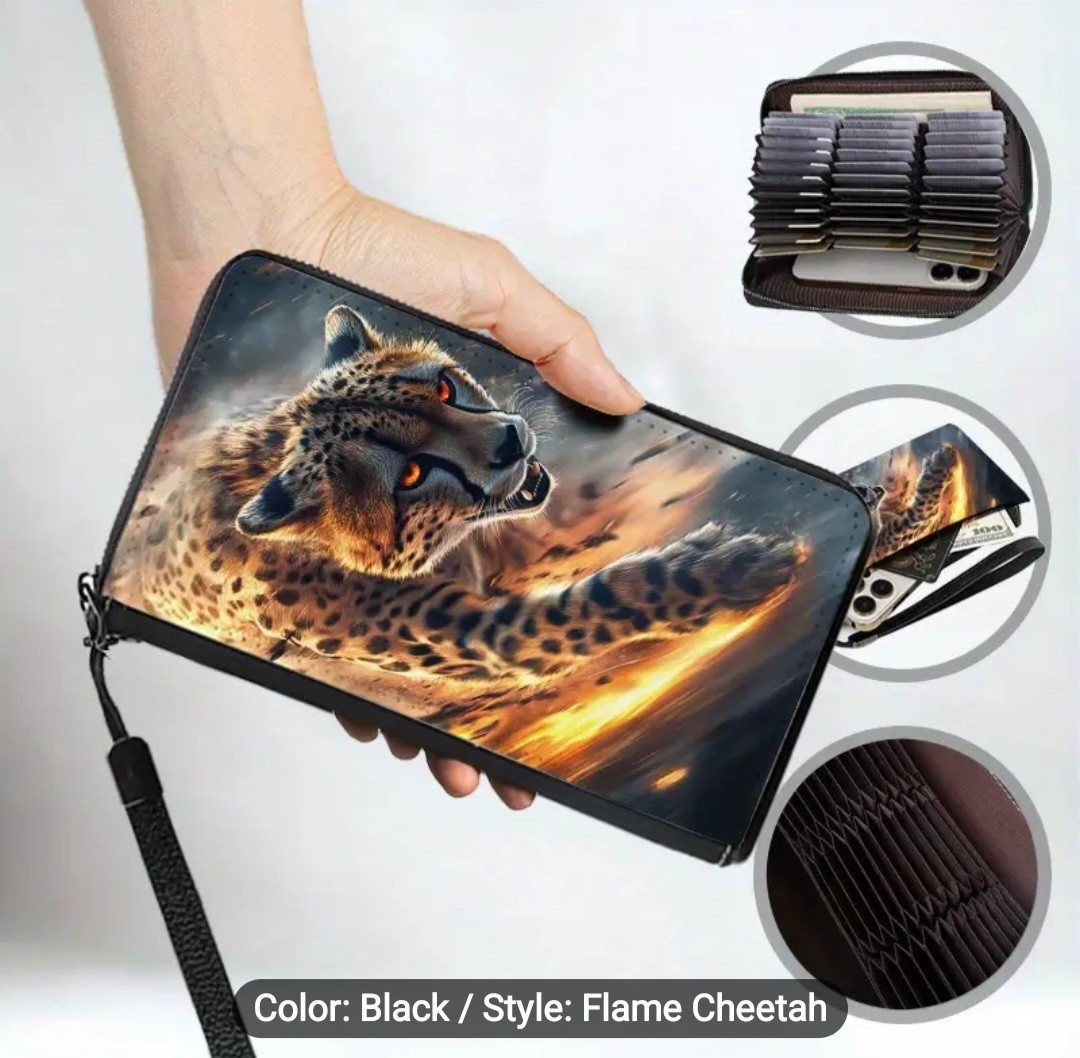 Flame Cheetah Multi-Card Wallet w/Wristlet. Brand New, Full ZIP, $38.00