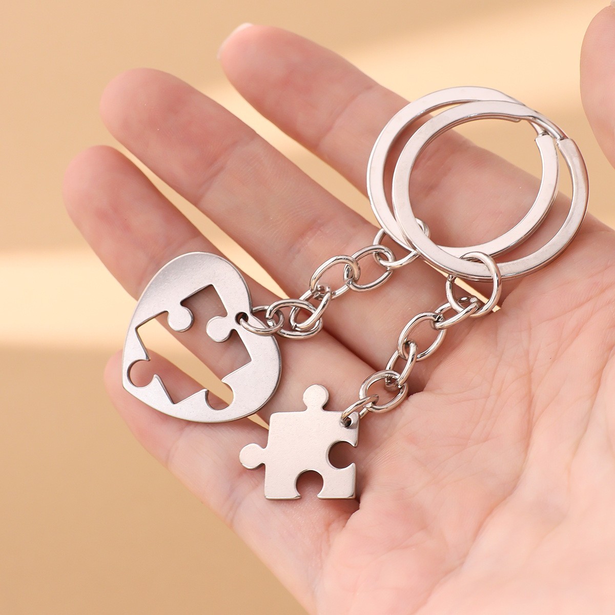 Set of 2–Hollow Out Heart Puzzle Keychain–Stainless Steel–For Couples