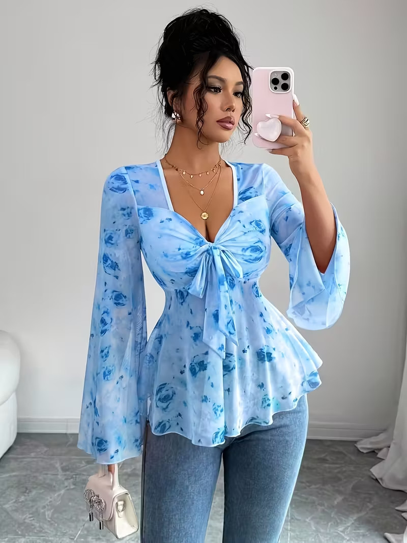 Floral Mesh Flared Sleeve Bow Neck Casual Elegant Tee
