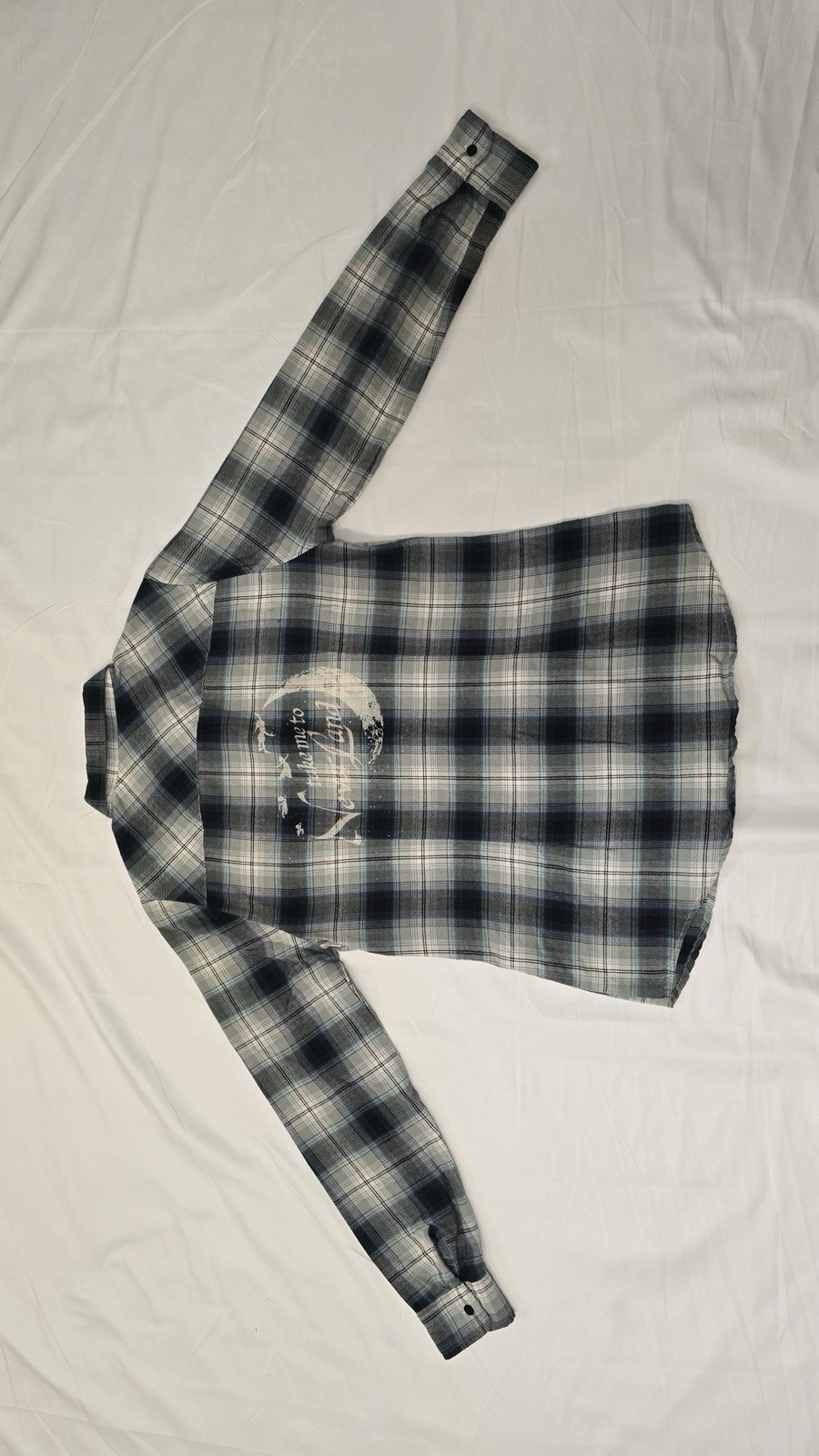 Disney Women’s L Blue/Gray/White Plaid Peter Pan Button-Up Shirt Pockets flannel