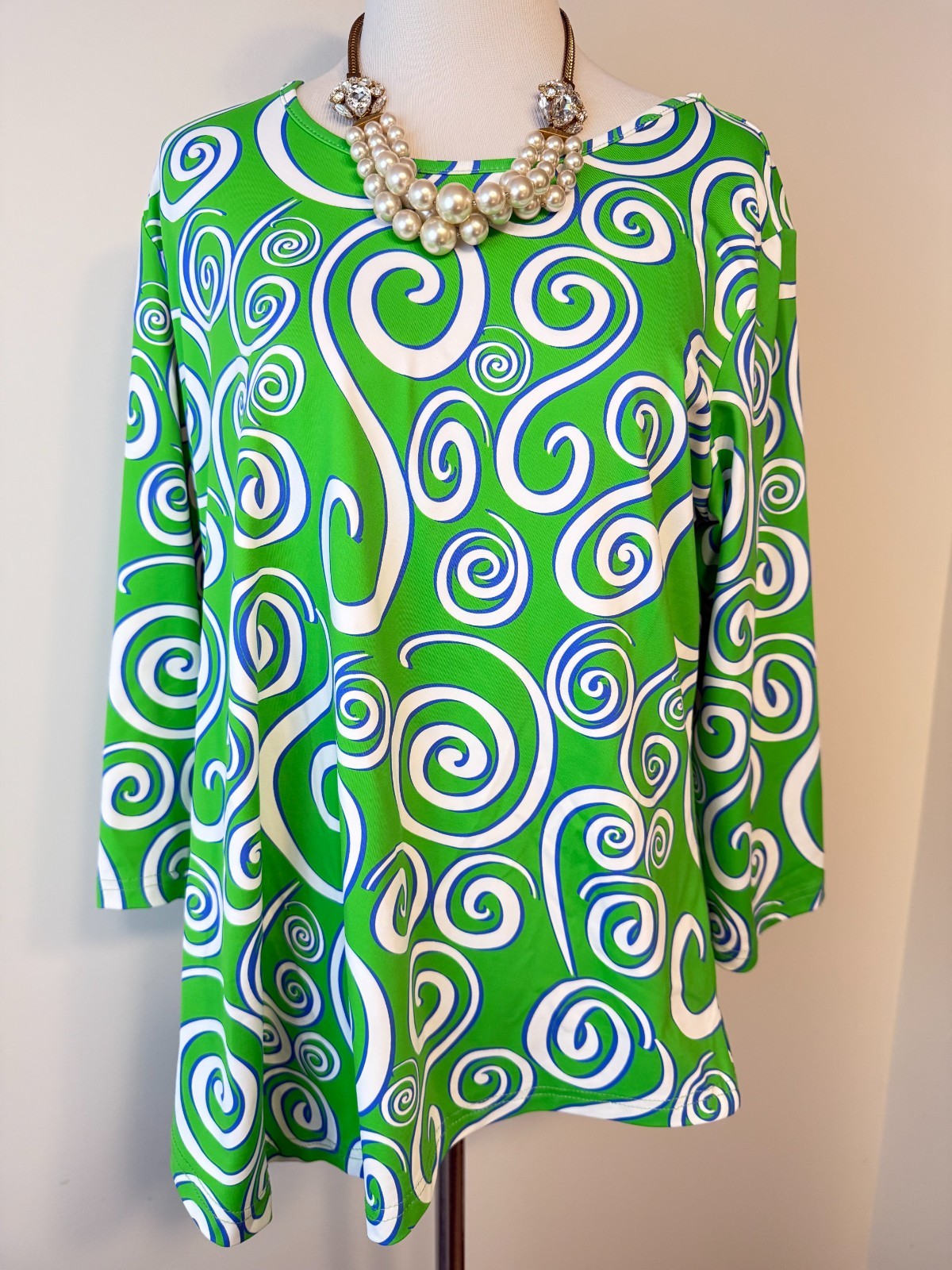 LULU B Green & Blue Abstract Swirl Print 3/4 Sleeve Top – Sz M