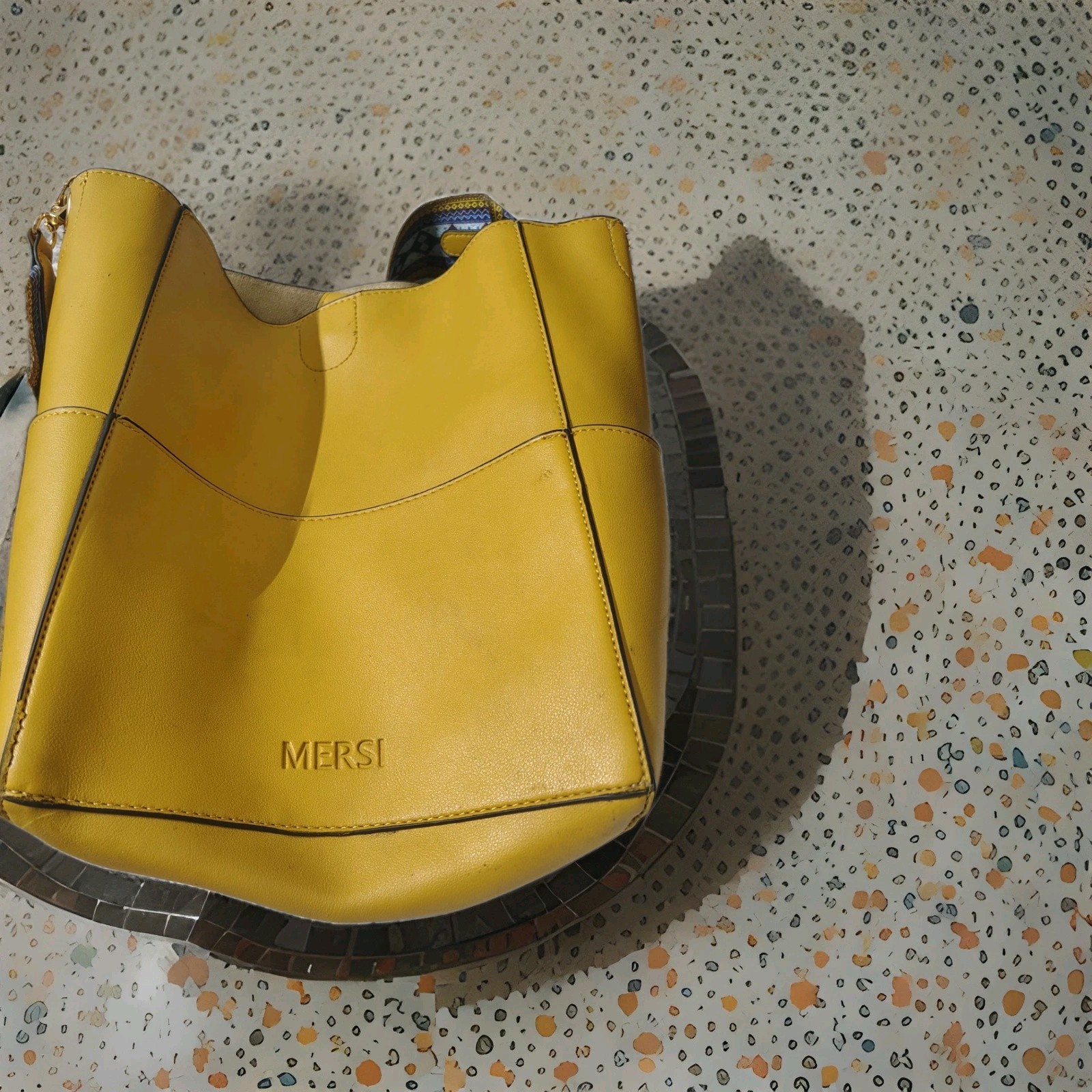 MERSI Yellow Medium Bucket Shoulder Bag Geometric Strap Gold Hardware Zip