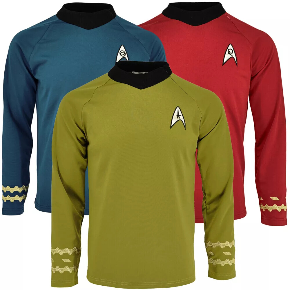 Cosplay TOS Captain Kirk Gold Shirts Spock Blue Uniforms Red Starfleet Tops Mens