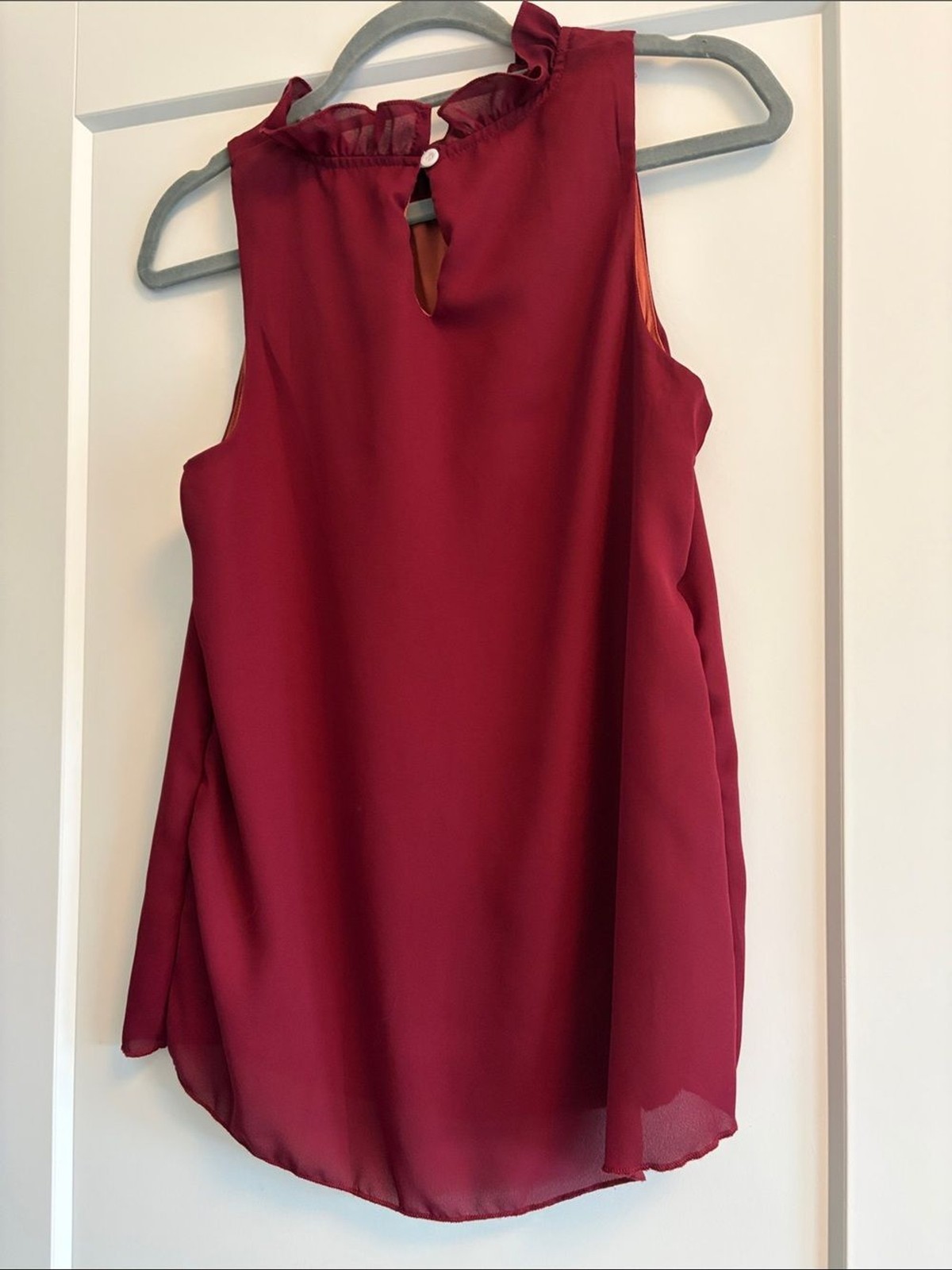 Ruffled Neck Sleeveless Blouse in Deep Wine
