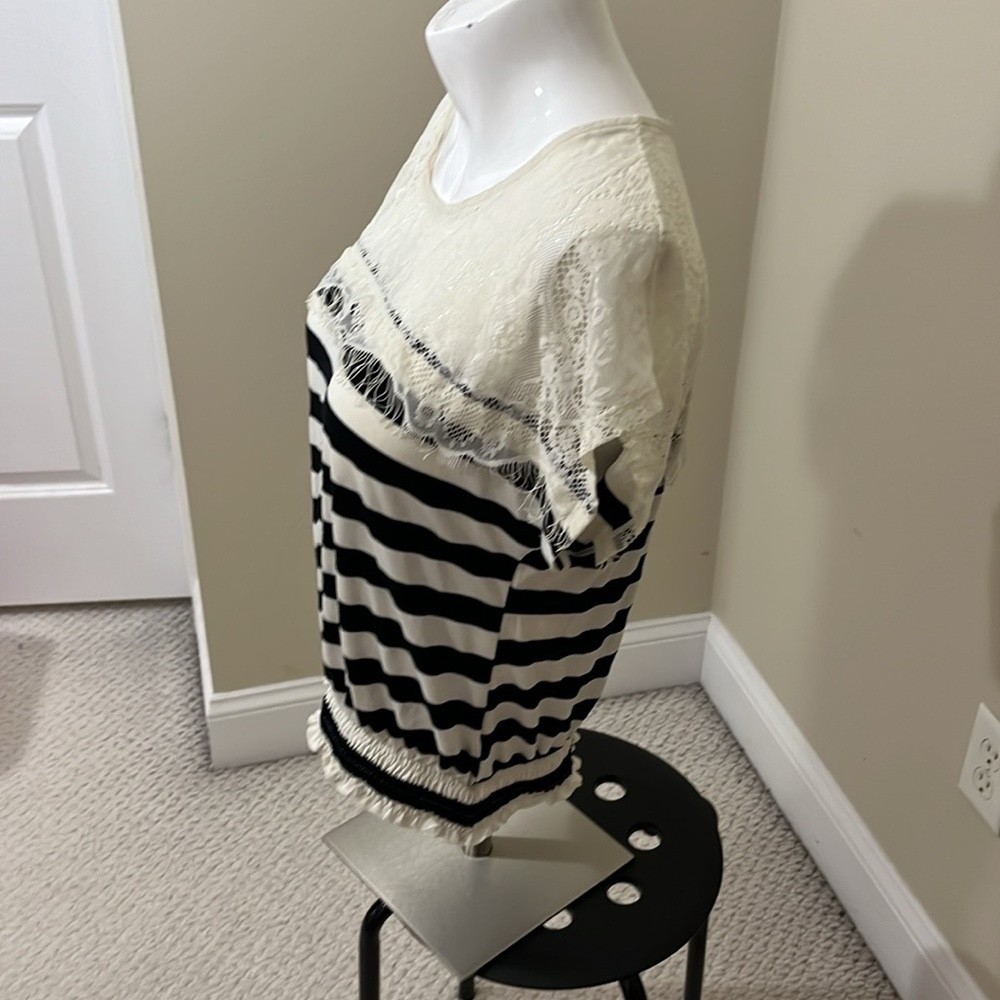 Charlotte Russe Black & White Striped Top with Lace Yoke Size Small
