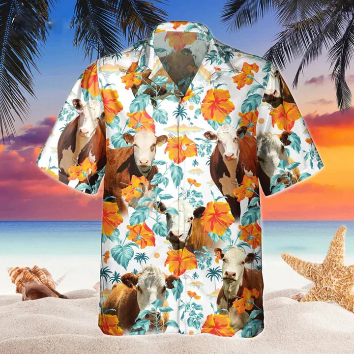 Hereford Bright Hibiscus Flowers Trendy Hawaiian Shirt, Cow Hawaii Shirts Men
