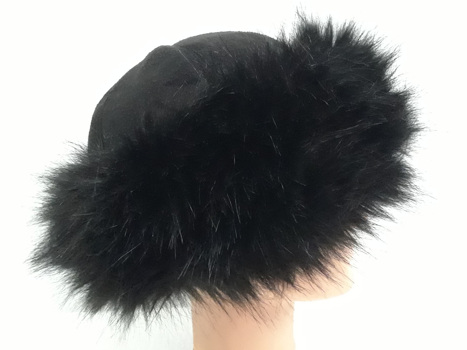 Women Black Russian Faux Fox Fur Hat Fluffy Winter Outdoor Suede Cap 7.5 in