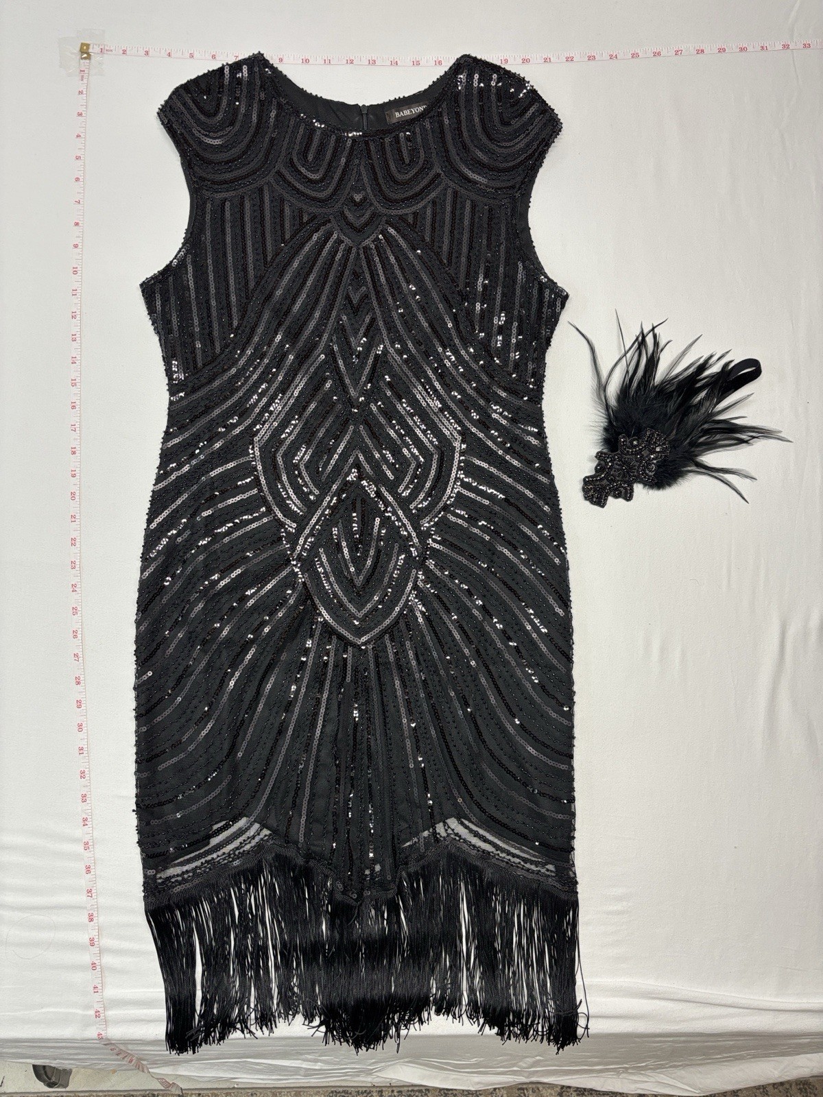 Black Sequin Fringe Midi Dress with Art Deco Beading and headpiece party costume