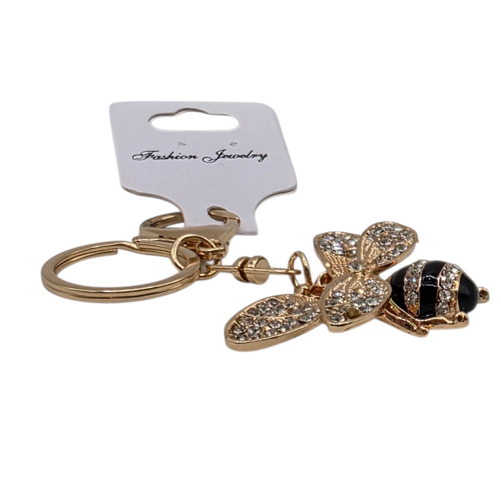 Rhinestone Bee Key Chain Keyring Bag Charm Gold Tone Black Clear