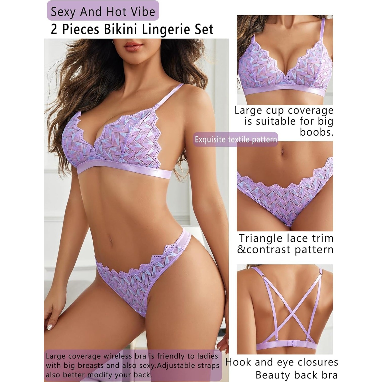 Avidlove Lingerie For Women Lace Bralette & Panty Set Purple-M