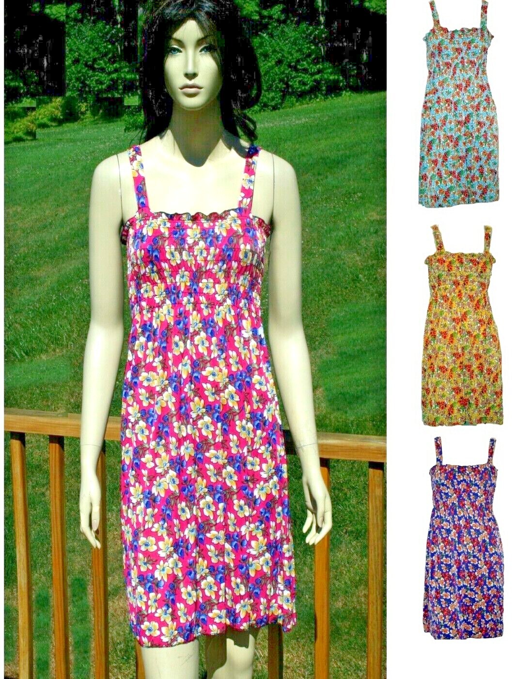 Womens Dress Sleeveless Smocked Sundress Mini Flower Cluster Print M L XL XXL