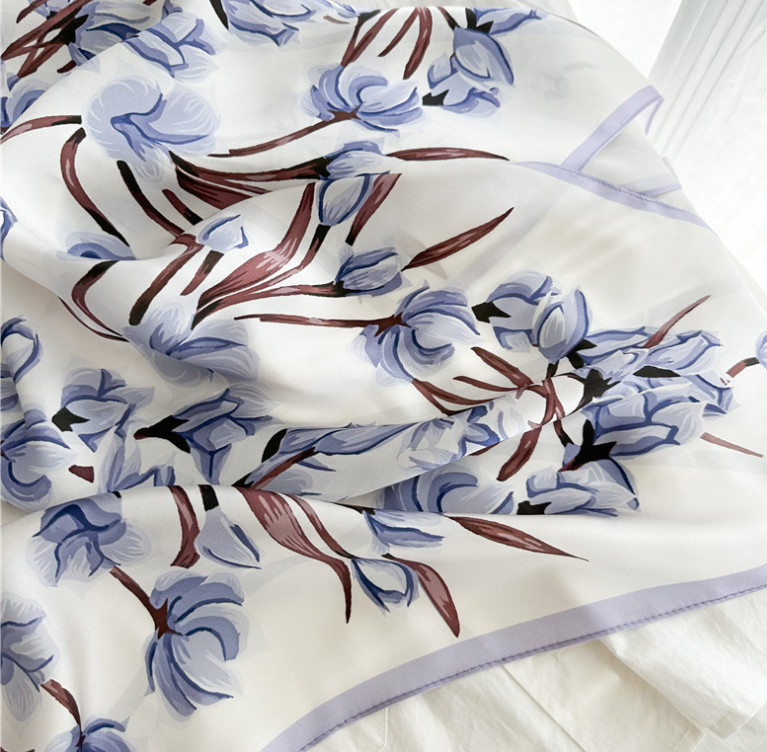 100% Silk Mulberry 35” Scarf For Women Neckerchief Wrap Flower branches Print