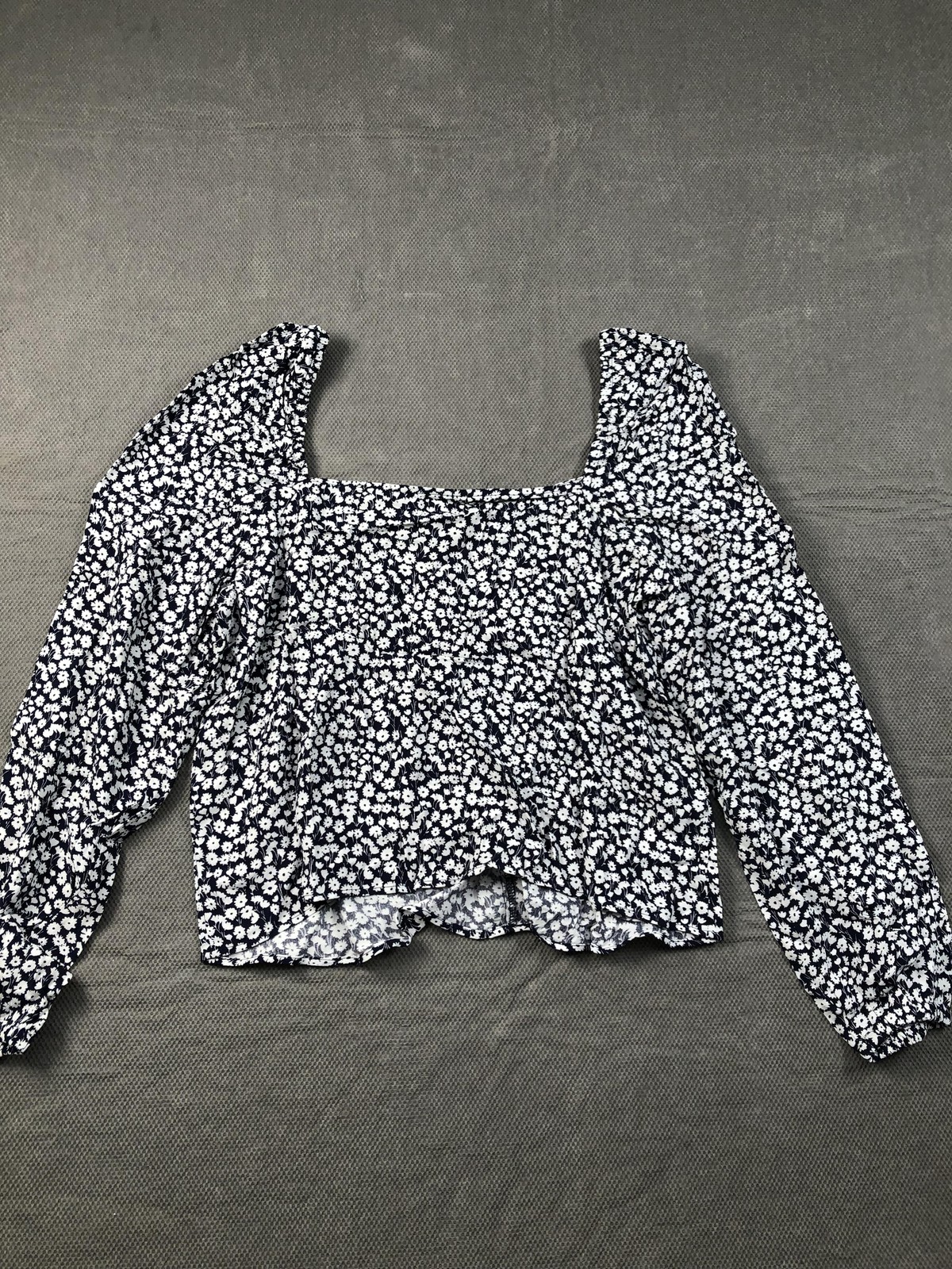 Boden Blouse Womens 10 Blue Square Neck Long Puff Sleeve Floral Cropped NWT