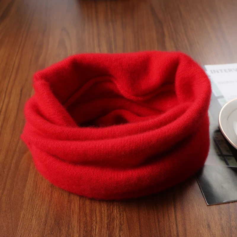 100% Pure Wool Knitted Ring Scarf Elegant Neckerscarf Female Soft Warm Cashmere