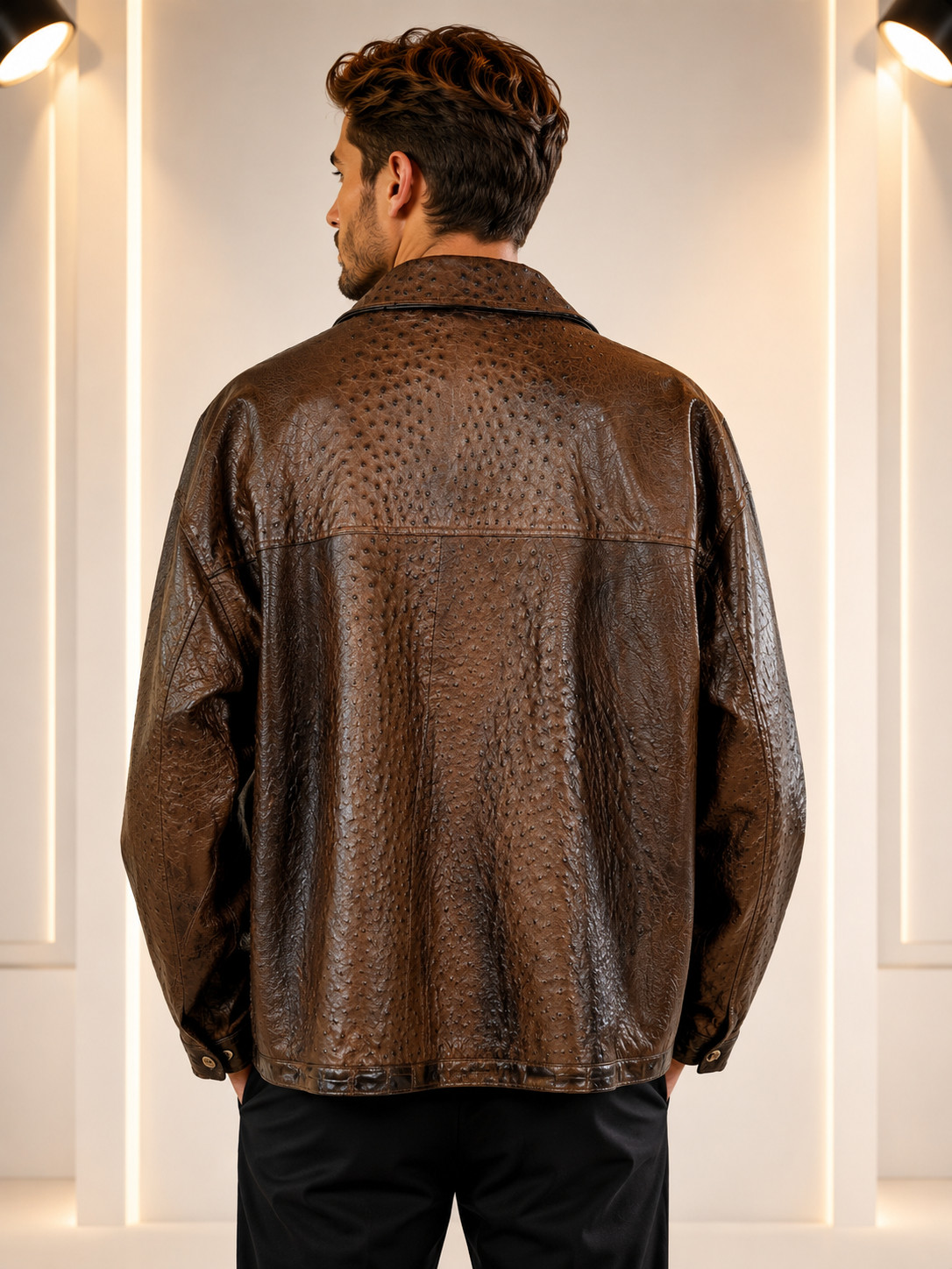 Premium Embossed Leather Jacket Croc & Ostrich Texture Handmade Vintage Style
