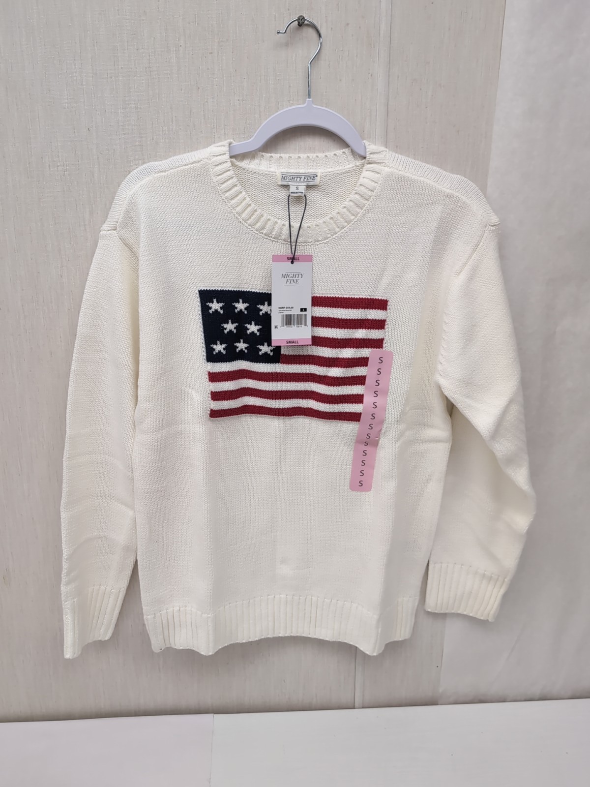 Wmns Mighty Fine Midweight Crew Neck Americana Sweater Cream Flag Sz SM