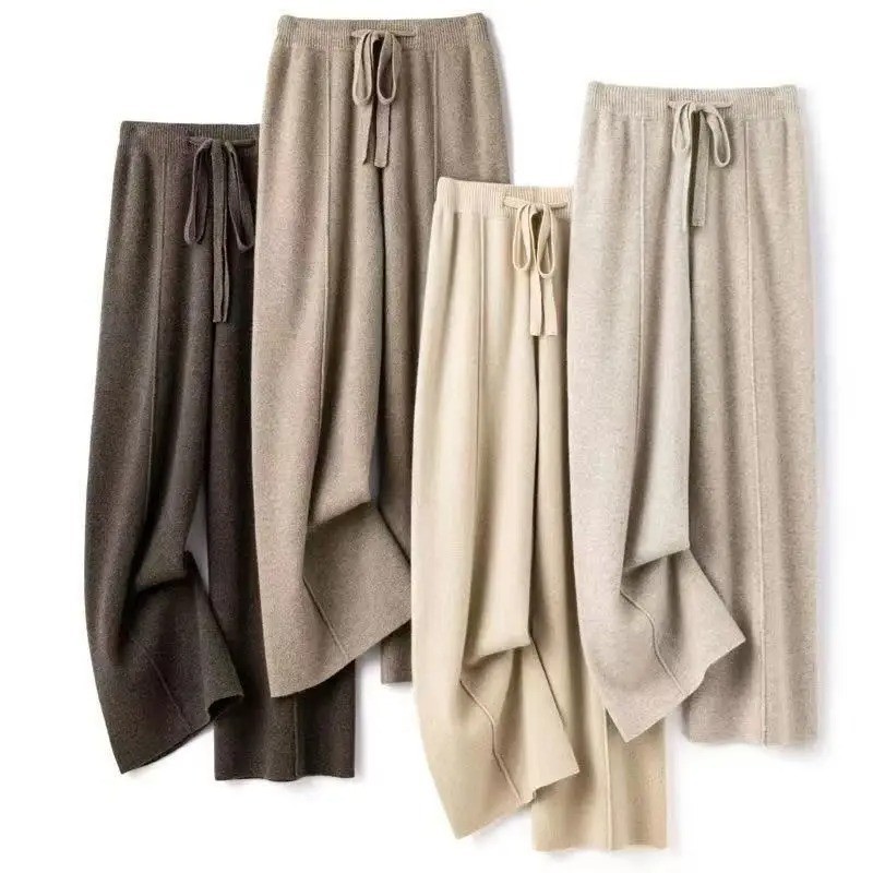 Women Merino Wool Wide Leg Pants Soft Warm Cashmere Knit Trousers Winter Casual
