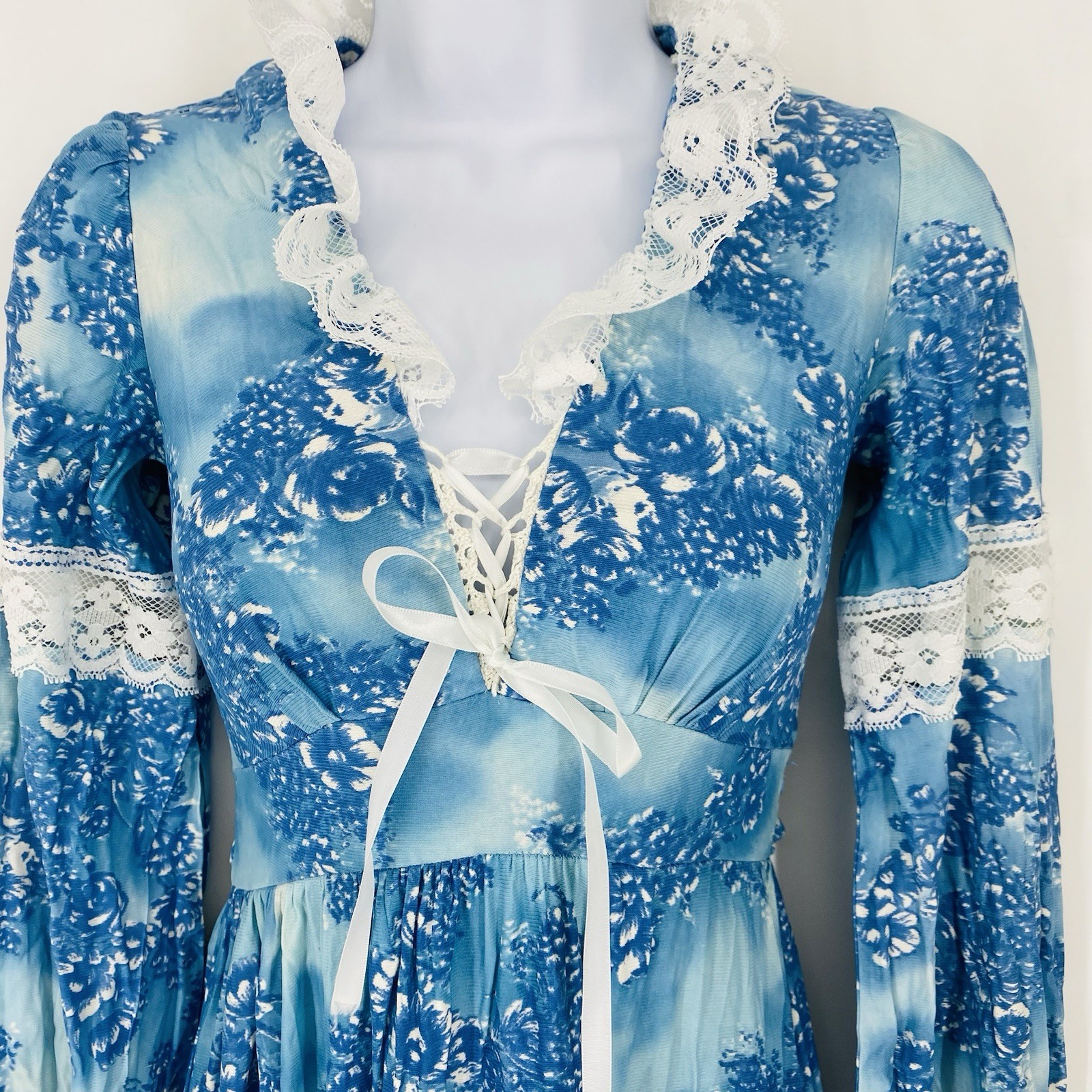 Vintage 70s Blue Floral Maxi Dress Victorian Prairie Edwardian Style Small Beach