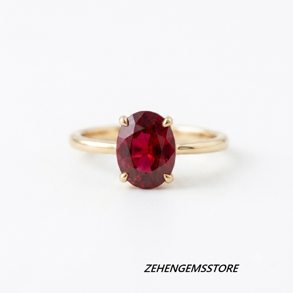 Lab Created Ruby Ring 925 Sterling Silver Gold Plated Oval Solitaire Ring