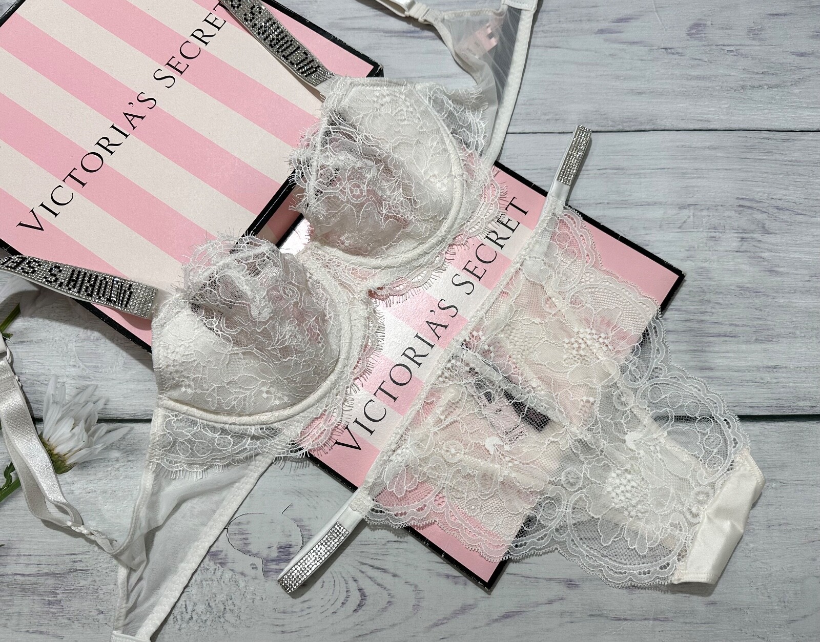 Victoria’s Secret Shine Strap Bra Bikini Set Bridal Lace Blink Cheeky White