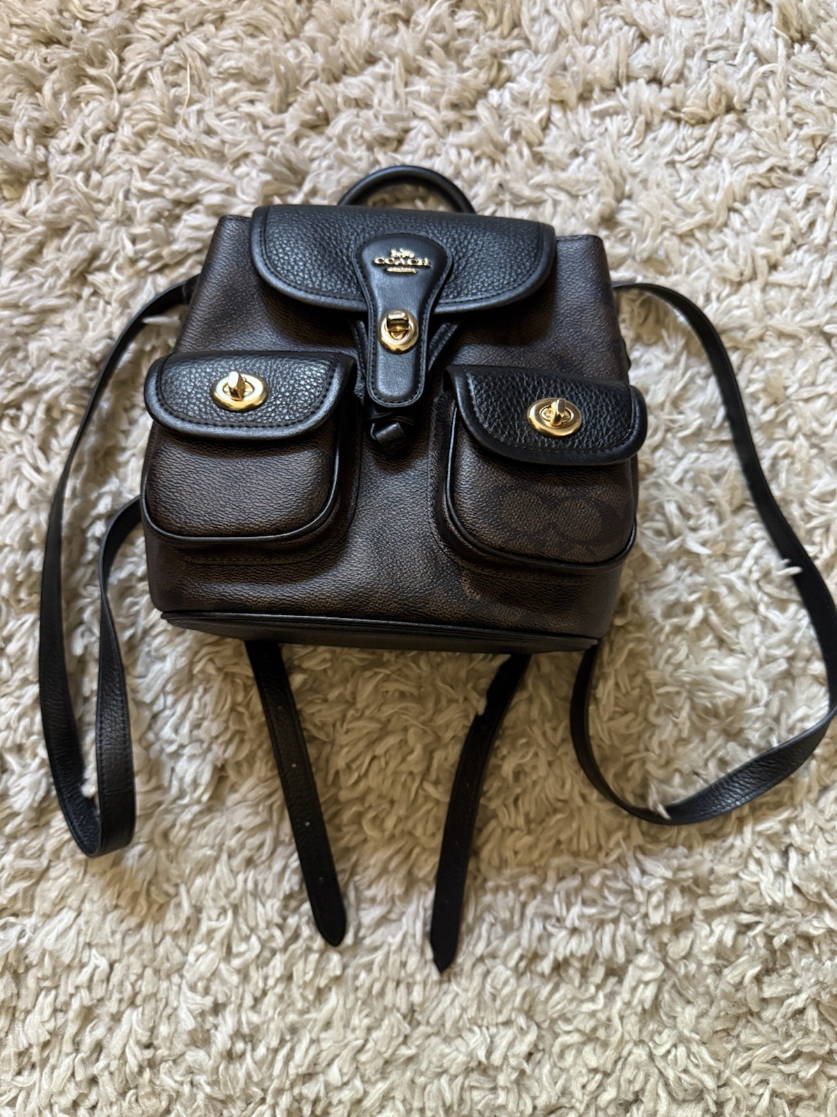 Coach Signature Brown Black Small Backpack Turn Lock Drawstring Gold Hardware