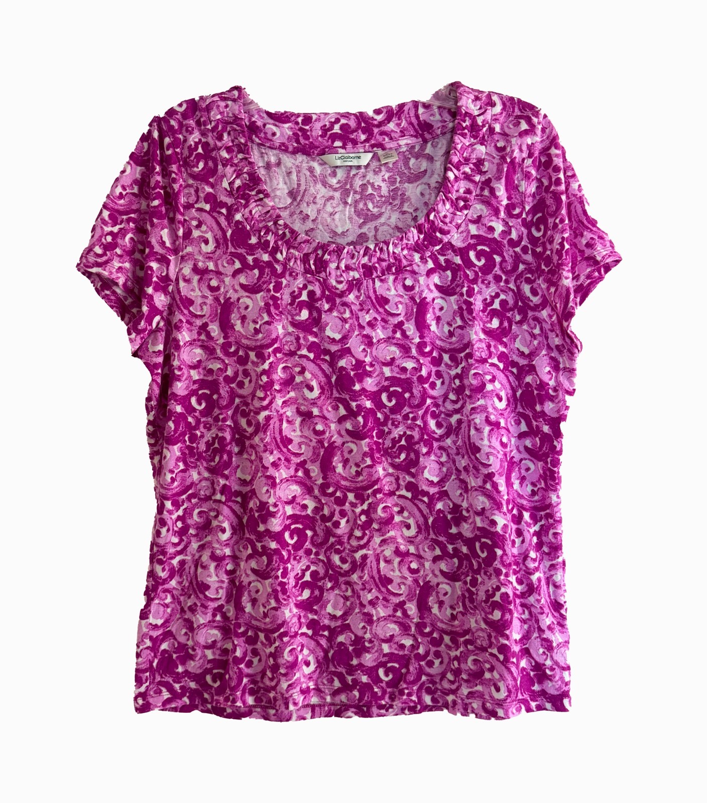Women’s LIZ CLAIBORNE Sz XL Round Ruched Neck Detail S/S Knit Top (You Pick)