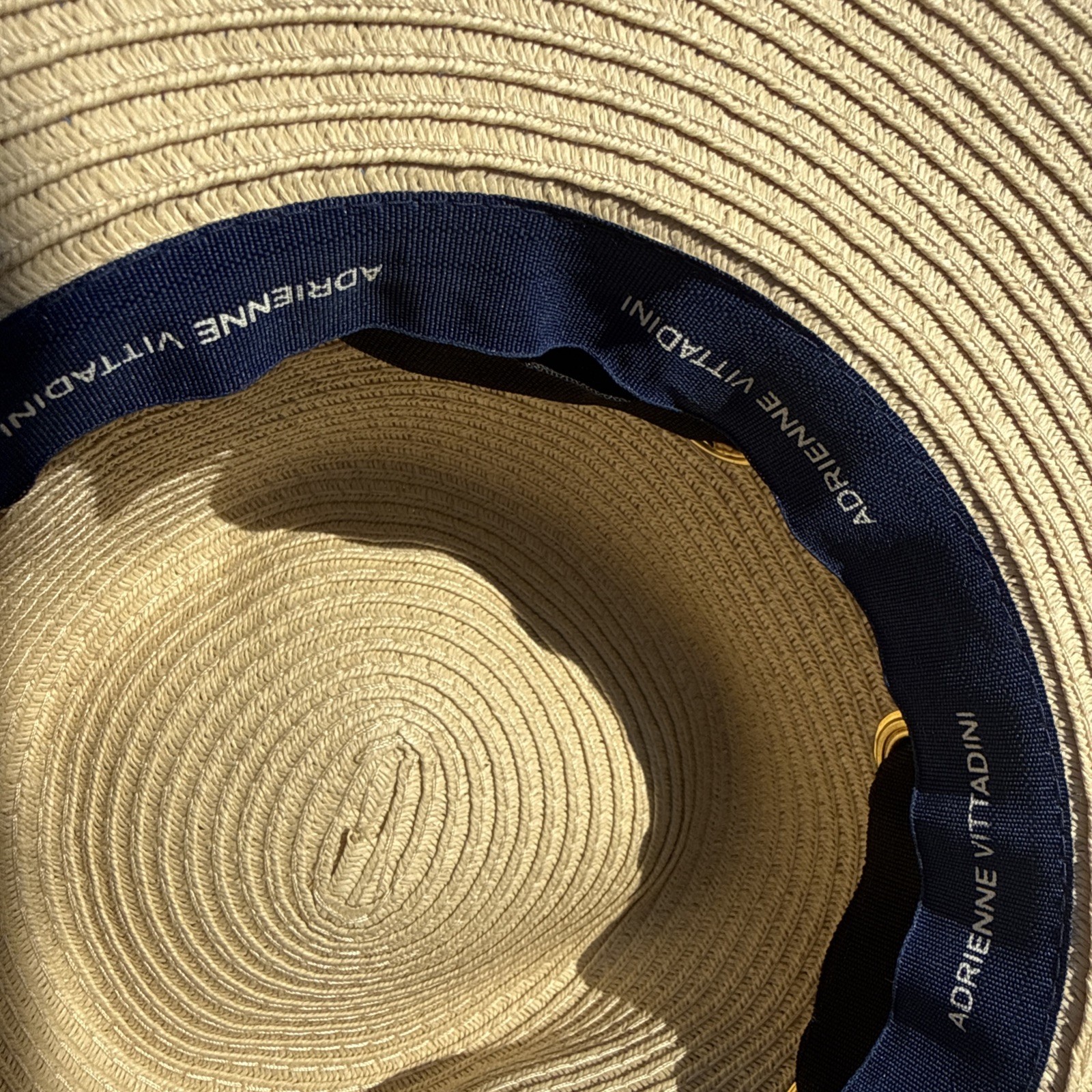 Adrienne Vittadini 5” Ultra Wide Brim Beige Straw Floppy Sun Hat Gold AV Logo
