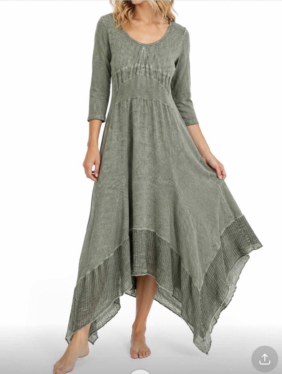 Inizio Women’s M Linen Midi Dress Green 3/4 Sleeve Handkerchief Hem Lagonlook