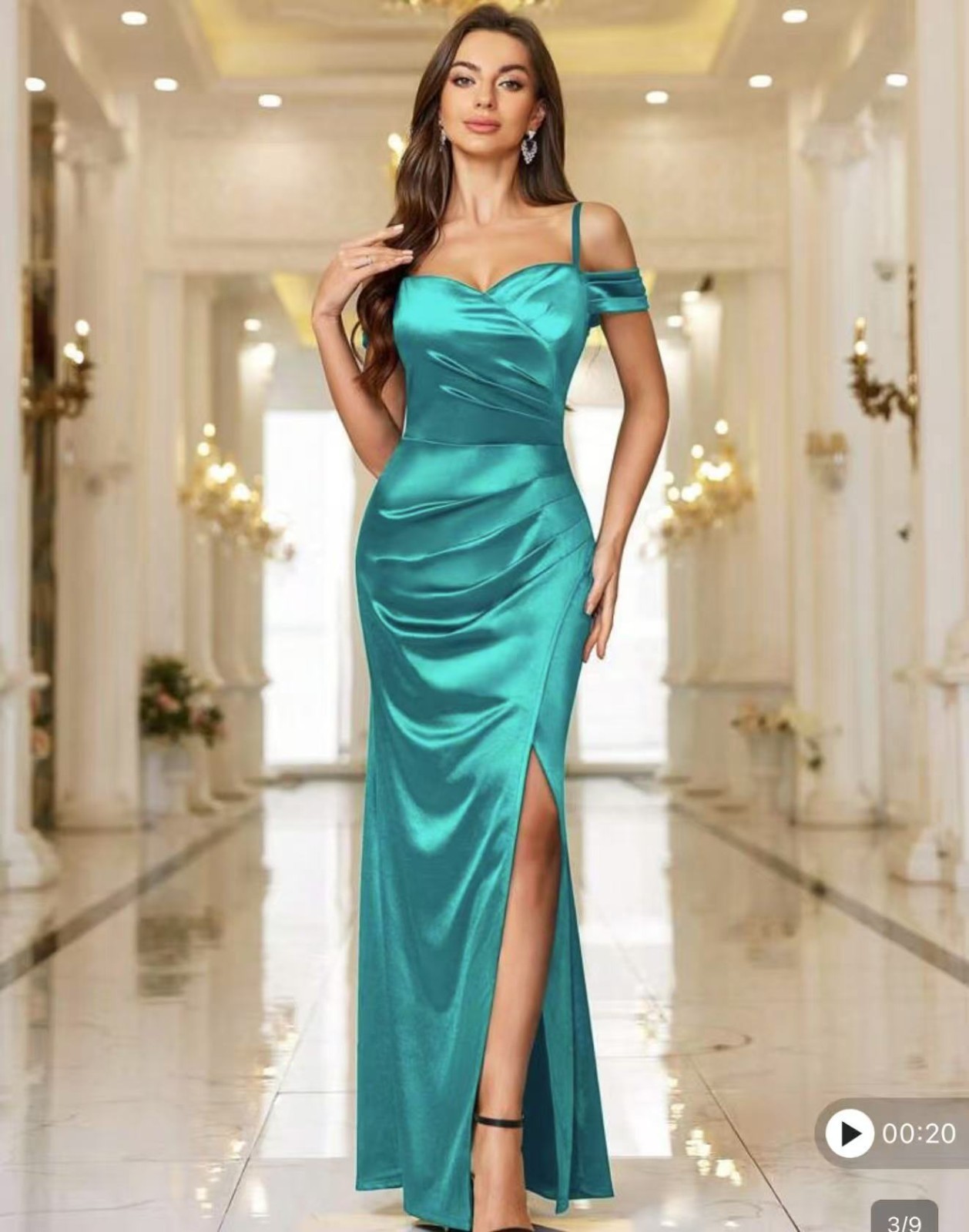 Women Elegant Off Shoulder Wrap Ruched Split Hem Satin Evening Party Maxi Dress,