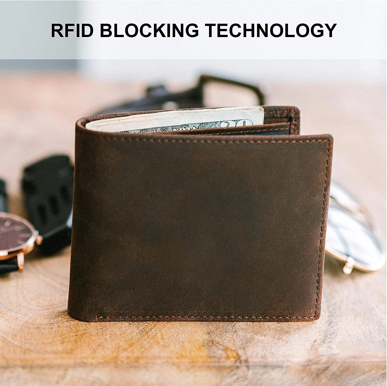 Men RFID Blocking Full Grain Crazy Horse Leather Men’s Bifold Center Flap Wallet