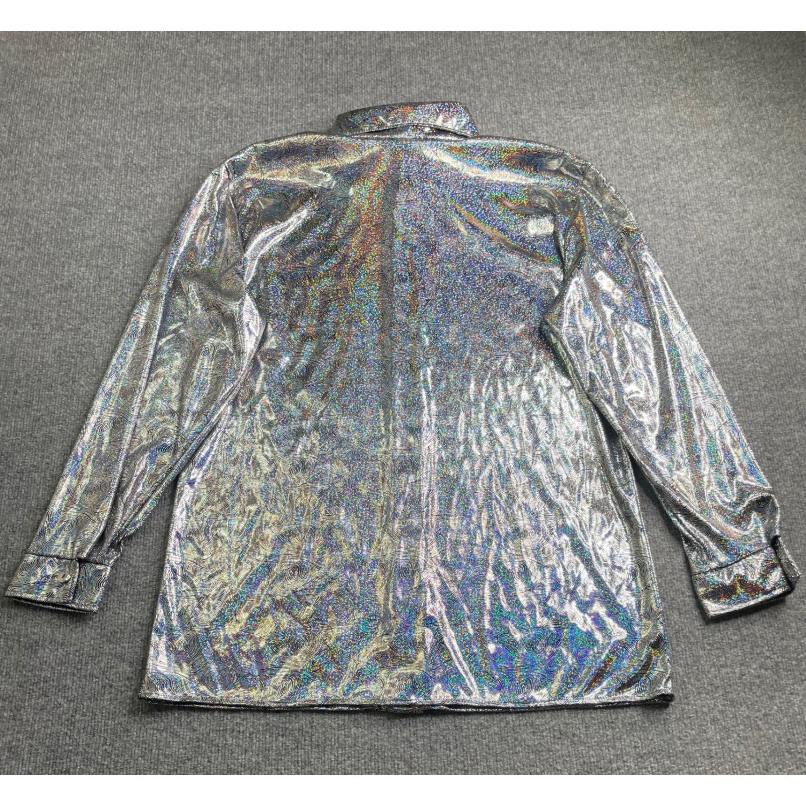 Charades Disco Shirt Mens Small Silver Holographic Swirl Button Up 01859