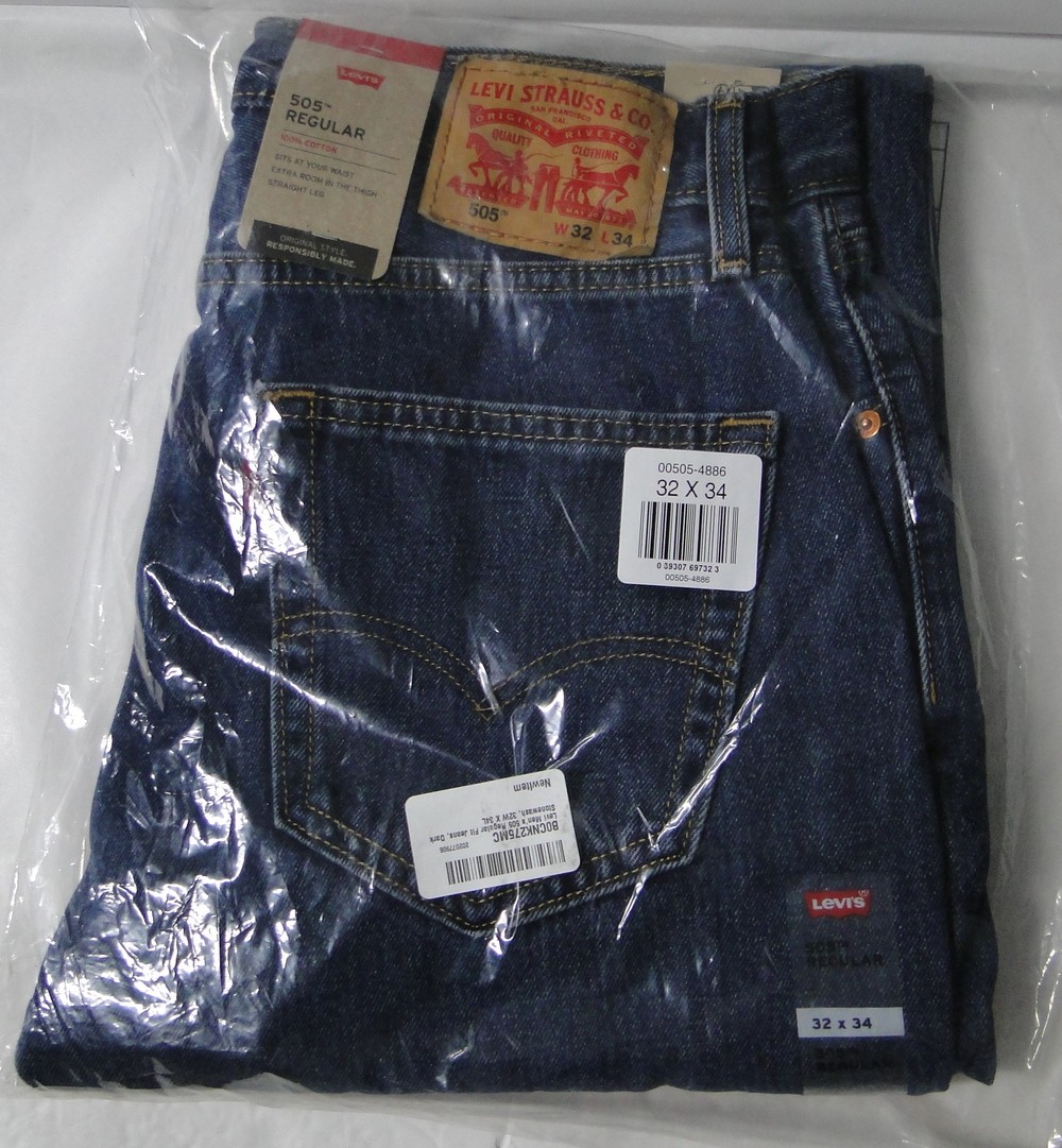 Levi Men’s 505 32W X 34L Regular Fit Jeans, Dark Stonewash, NEW SEALED !