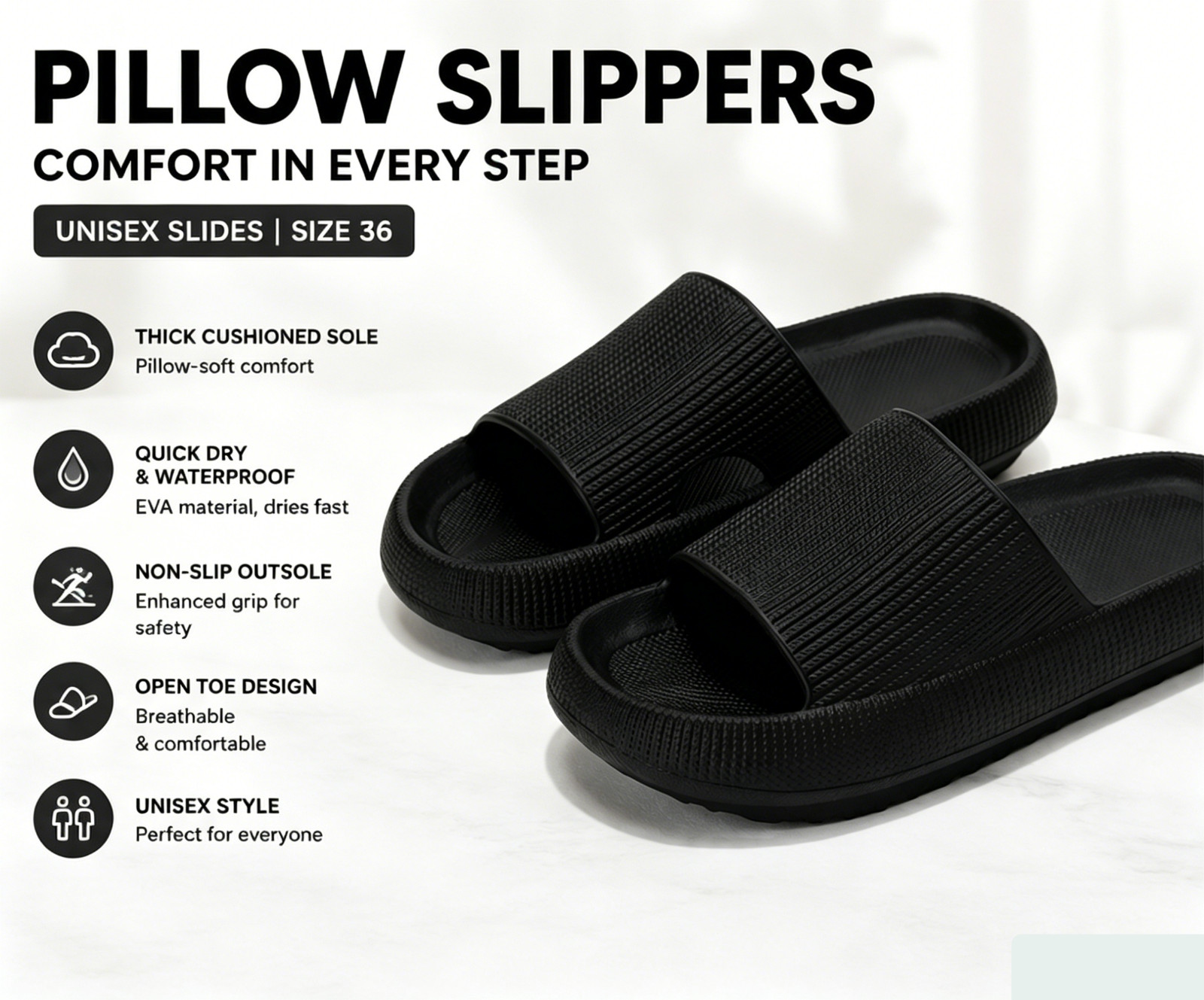 Size 36 Cloud Pillow Slippers, Ultra-Soft Quick-Dry Bathroom Slippers Black